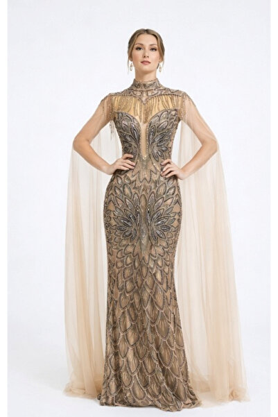 LADYGRACE KADIN ABİYE İŞLEMELİ YAKA PELERİN DETAYLI ELBİSE