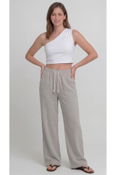 Leopars Pantaloni de damă gri din muselină – Model Palazzo, cu picior larg, c...