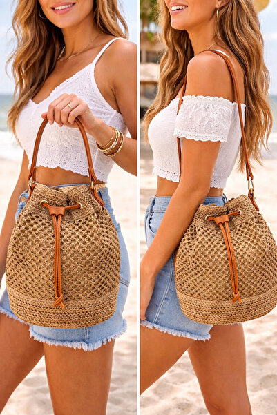 ZERAMİNE Γυναικεία ψάθινη τσάντα παραλίας Camel, Καλοκαιρινή πλεκτή τσάντα γι...