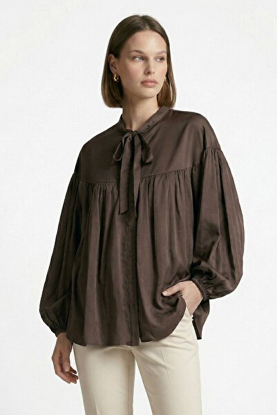 Rays Καφέ μπλούζα με μανίκια μπαλόνι και πλισέ δέσιμο 0088