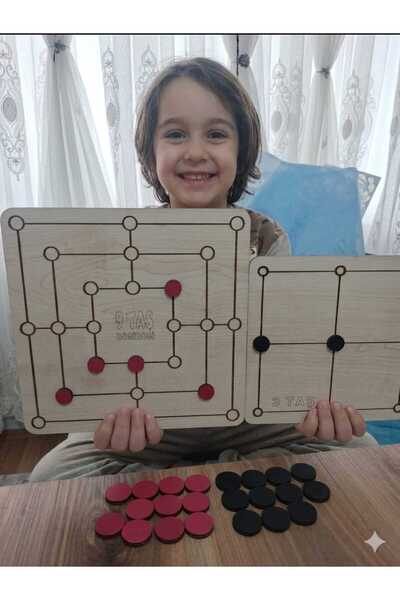 Bigibigi Ahşap 9 Taş - 3 Taş Zeka Mantık Strateji Oyunu Montessori Eğitici Oyun Seti 25x25cm 3 mm MDF