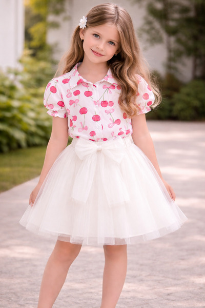 ministok Διπλό Κοριτσίστικο Σετ με Μπλούζα Κεράσι και Φούστα Τούτου