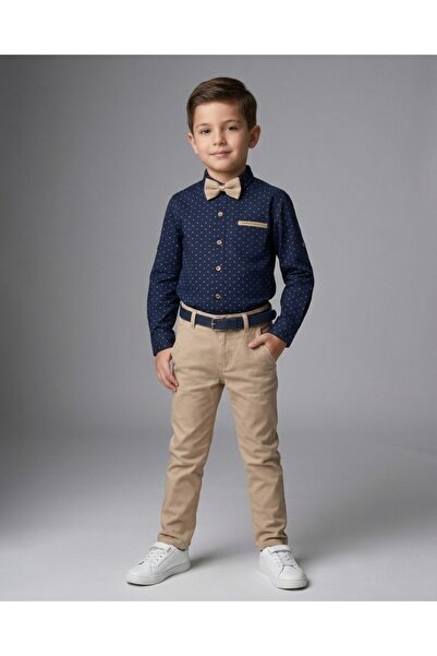 Egelite Αγορίστικο λινό παντελόνι, πουκάμισο Oxford, παπιγιόν και ζώνη, εορτα...