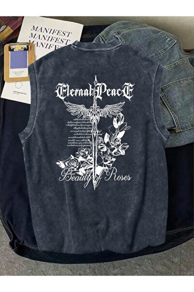 COZYWEAR Erkek Yıkamalı Kolsuz Oversize Tişört Baskılı Streetwear Rahat Kalıp...