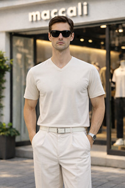 Maccali Men's Summer Trend Cotton Basic V-Neck Beige T-Shirt