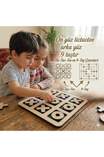 Bigibigi Xox Ahşap Çift Taraflı Zekâ Oyunu Tictactoe & 9 Taş 2 Oyun Bir Arada...