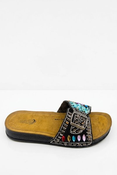 AKD AYAKKABICILIK Women's Stone Buckle Slippers with Colorful Stone Detail, Orthopedic Sole, Comfortable, Stylish, Daily Summer Slippers