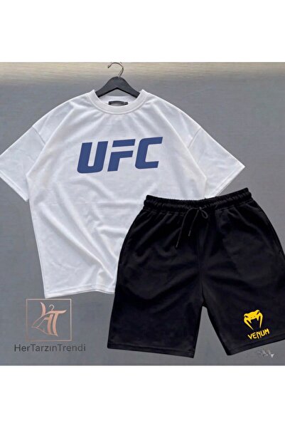 HerTarzınTrendi Σετ ανδρικών μπλουζών και σορτς UFC Design - Καλοκαιρινό μπλο...