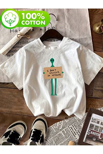 AEMİ Μπλουζάκι Unisex Alien με στάμπα Oversize με λαιμόκοψη ποδηλάτου