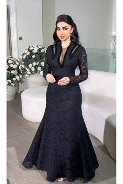 Mazon Fashion Long Black Lace Dress with Slit