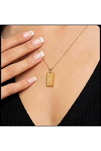 Kadın Gold Renk 316L Çelik Külçe Altın Tasarım Minimal Kolye