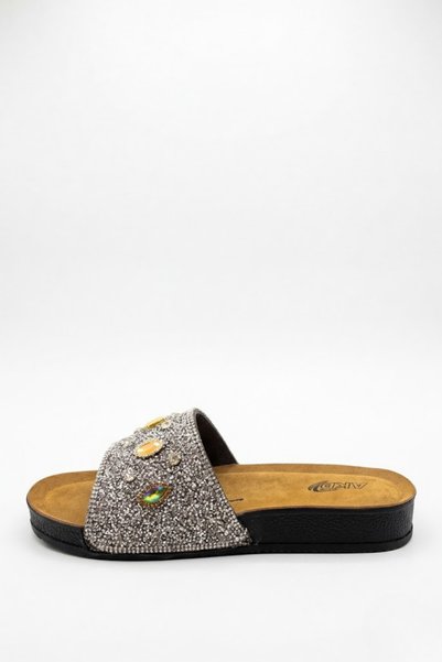 AKD AYAKKABICILIK Women's Stone Slippers with Colorful Stone Detail, Orthopedic Sole, Comfortable, Stylish, Daily Summer Slippers