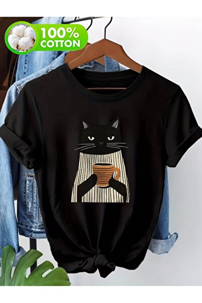 AEMİ Μπλουζάκι Unisex με στάμπα γάτας που πίνει καφέ, μεγάλου μεγέθους, με λα...