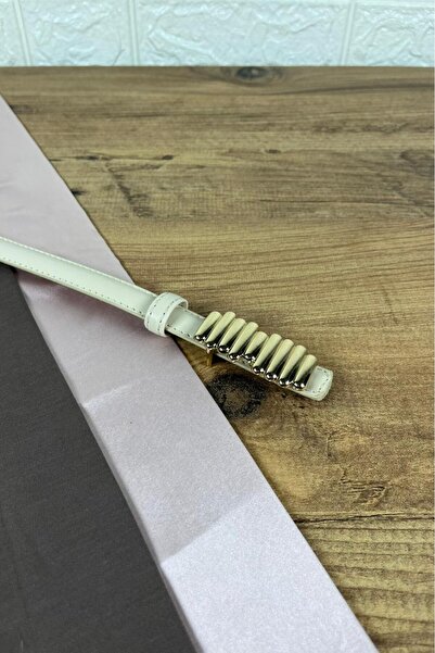 Paşala Leather Γυναικεία ζώνη από γνήσιο δέρμα, μπεζ με χρυσή λεπτομέρεια και...