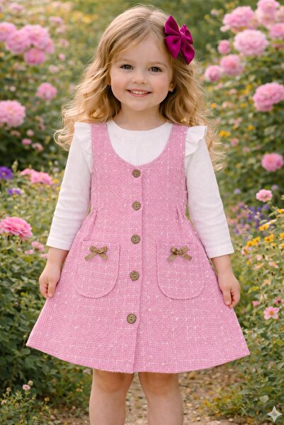KOZADANKIDS Kız Çocuk PUDRA PEMBE Tüvit Jile Elbise Bluzlu TAKIM