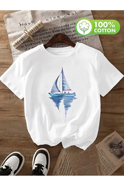 AEMİ Μπλουζάκι Unisex με στάμπα ιστιοπλοϊκού σχεδίου, μεγάλου μεγέθους, με λα...