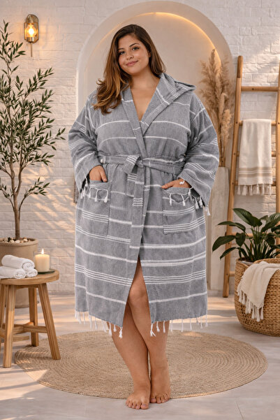 MODELHOME Cotton Gray Colored Large Size Hooded Peshtamal Bathrobe, Dressing Gown and Beach Dress (Mega Size)