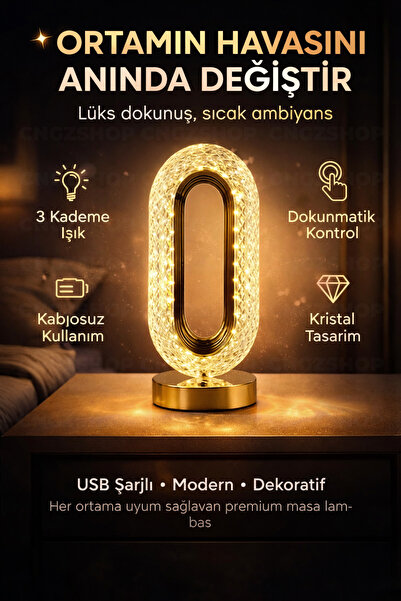 CNGZSHOP Dokunmatik Şarjlı 3 Kademeli Işıklı Kristal LED Gold Masa Lambası