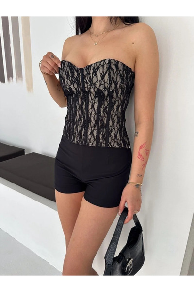 LUMİART Women's Zippered Lace Corset Strapless Bustier Transparent Stylish To...