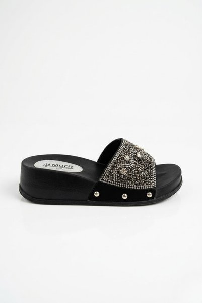 AKD AYAKKABICILIK Women's Black Stone Slippers with Shiny Stone Embroidery, Comfortable, Lightweight, Daily Stylish Summer Slippers