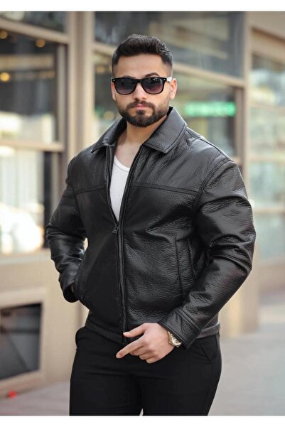 YUSK Oversize Erkek Siyah Deri Ceket