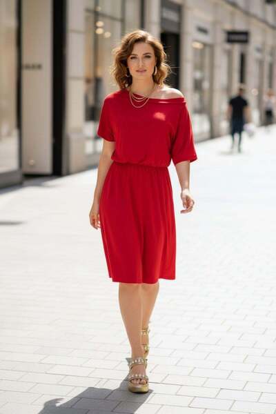 Mossta Off-The-Shoulder Midi Viscose Dress - Red