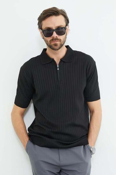 Fulla Moda κοτλέ Πλεκτό μπλουζάκι με λαιμόκοψη πόλο και μισό φερμουάρ