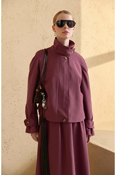 Fatma Atasoy Dik Yaka Mürdüm Oversize Midi Trenç Ceket
