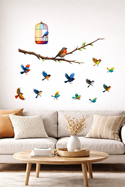PRİME Concept Renkli Kuşlar ve Kafes Duvar Sticker Seti – Modern ve Canlı Tas...