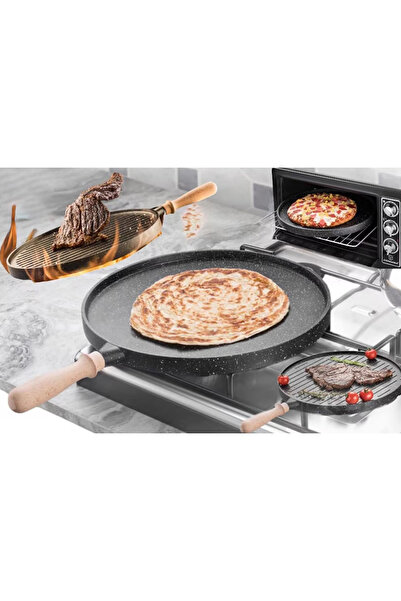 ÖZTEF Granite Cast Iron Round Double-Sided Grill and Pancake Pan Black