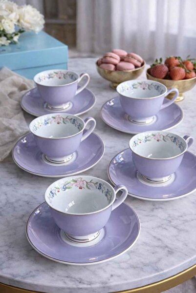 ROSSEV Porselen Türk Kahve Fincanı 6 Kişilik 12 Parça Ruby Mor