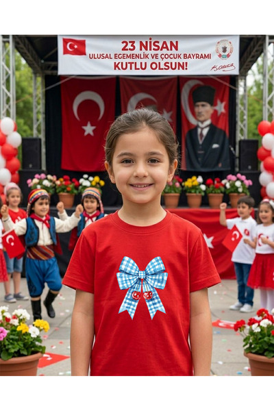 LORVEX Μπλουζάκι με θέμα την 23η Απριλίου με μπλε και κερασένια κορδέλα με στ...