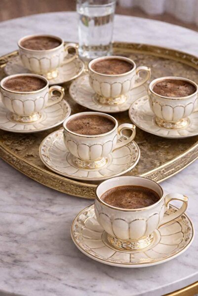 ROSSEV Porselen Türk Kahve Fincanı 6 Kişilik 12 Parça Helena Krem