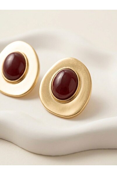 Gold Detay Oval Bordo Vintage Küpe