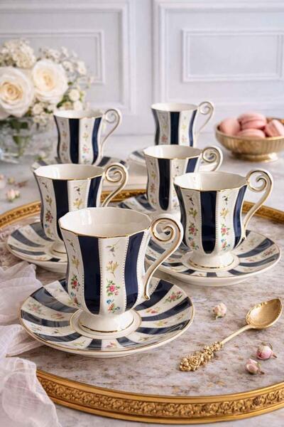 ROSSEV Porselen Türk Kahve Fincanı 6 Kişilik 12 Parça Bellora Lacivert