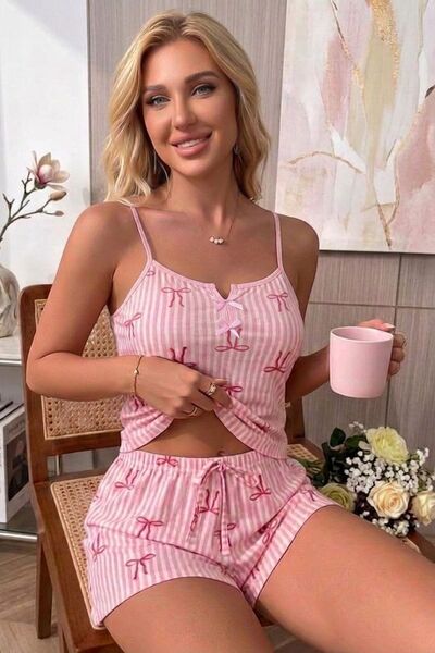 BELLA NOTTE Καλοκαιρινό ροζ καρό σετ γυναικείας πιτζάμας με λεπτομέρεια φιόγκ...