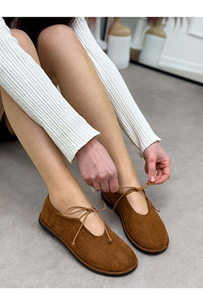 ERVANIN BUTİĞİ Tan Suede (Tinky) Lace-Up Detail Women's Casual Shoes