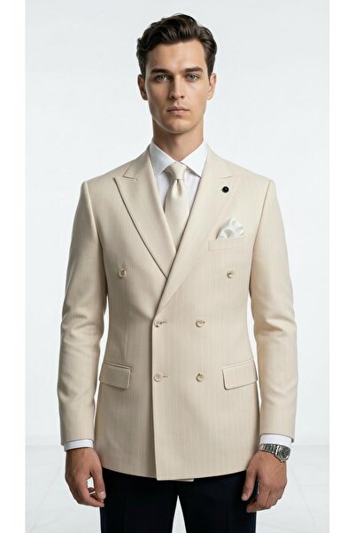 Plus Scorpion Κρεμ Ριγέ Ανδρικό Μπλέιζερ Μπουφάν με Διπλό Στήθος – Κομψό Σχέδ...