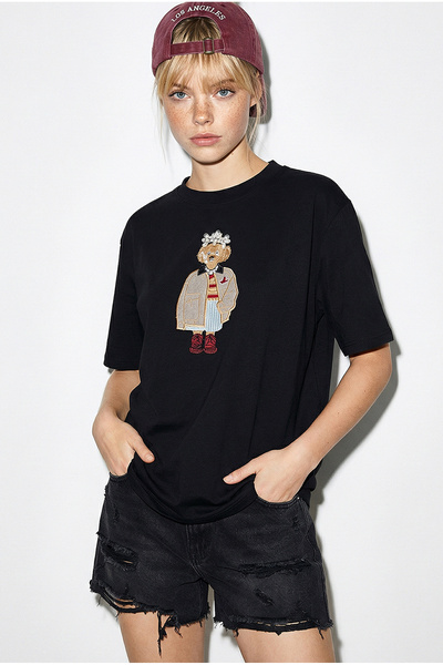 Bianco Lucci Γυναικείο μπλουζάκι με κέντημα σκύλου και πέτρες, άνετη εφαρμογή...