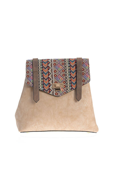 Meli Melo Paris Beige backpack with multi-colored flap in ethnic style