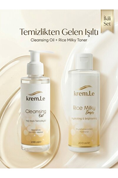 krem.Le 2'li Bakım Seti: Yüz Temizleme Yağı ve Aydınlatıcı Pirinç Toniği - Cl...