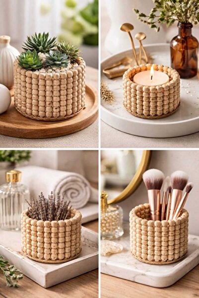 bemdesign Ahşap Boncuk Dekoratif Mumluk /Saksı-El yapımı organizer