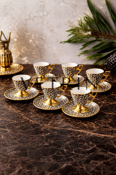 VETRİN 6-Piece Porcelain Luxury Leopard Patterned Gold Gilded Coffee Cup Set ...