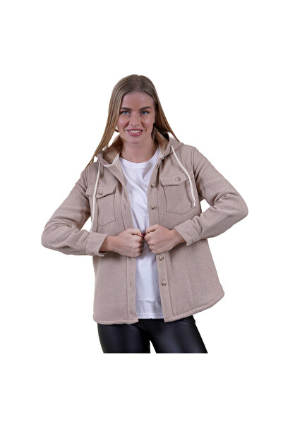 Exve Exclusive Μπεζ απλό γυναικείο πουκάμισο με κουκούλα, με γούνα στο εσωτερ...