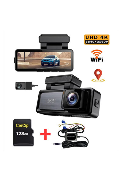 CerCip Διπλή κάμερα DVR αυτοκινήτου 4K UHD, Περιλαμβάνει κάρτα 128GB + Κιτ 24...