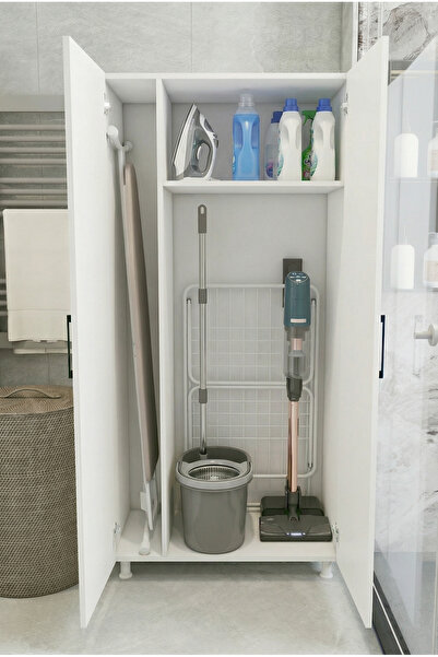 MONTENERO Banyo Dolabı Süpürgelik Kova Deterjan Saklama 2 Kapaklı Çok Raflı B...