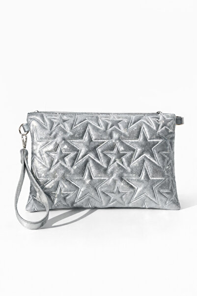 Yıldız Desenli Gümüş Simli Kadın Portföy Clutch Çanta