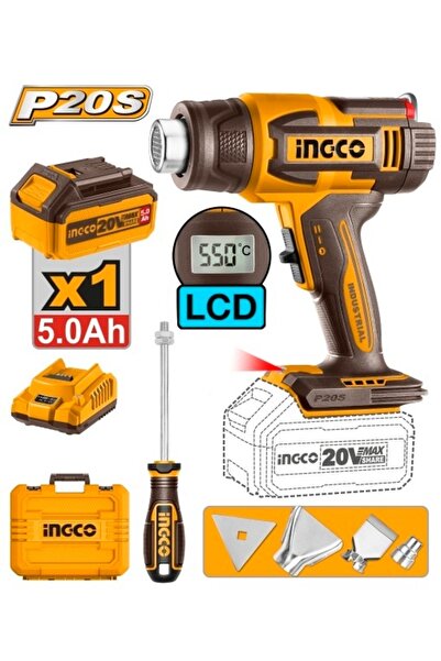 Ingco Πιστόλι θερμού αέρα 20V με ηλεκτρονική οθόνη και μπαταρία HGLI 20035