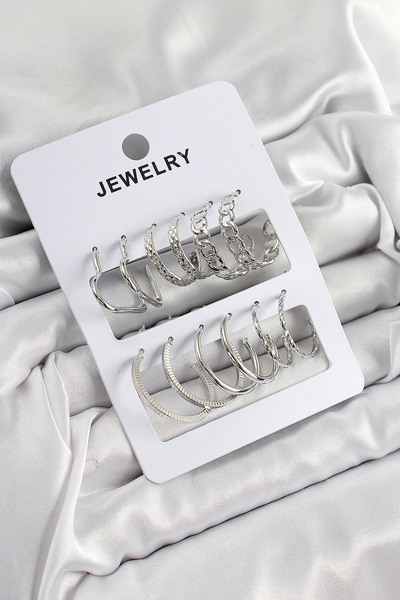 Nehir Stylish Brass Mixed Ring Model Silver Color 6 Pairs Women's Earring Set...