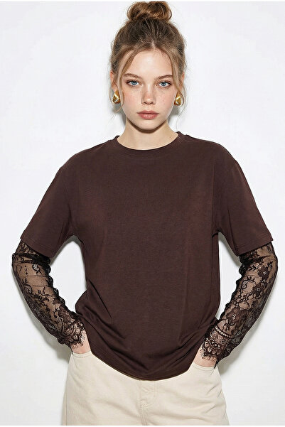 Bianco Lucci Kadın Acı Kahve Bisiklet Yaka Dantel Kollu Oversize Pamuklu T-Shirt 1049 60286075